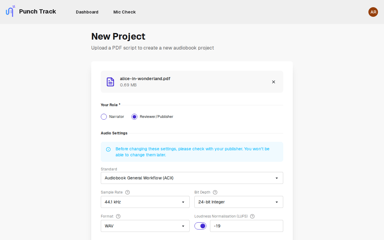 New project form with PDF uploaded