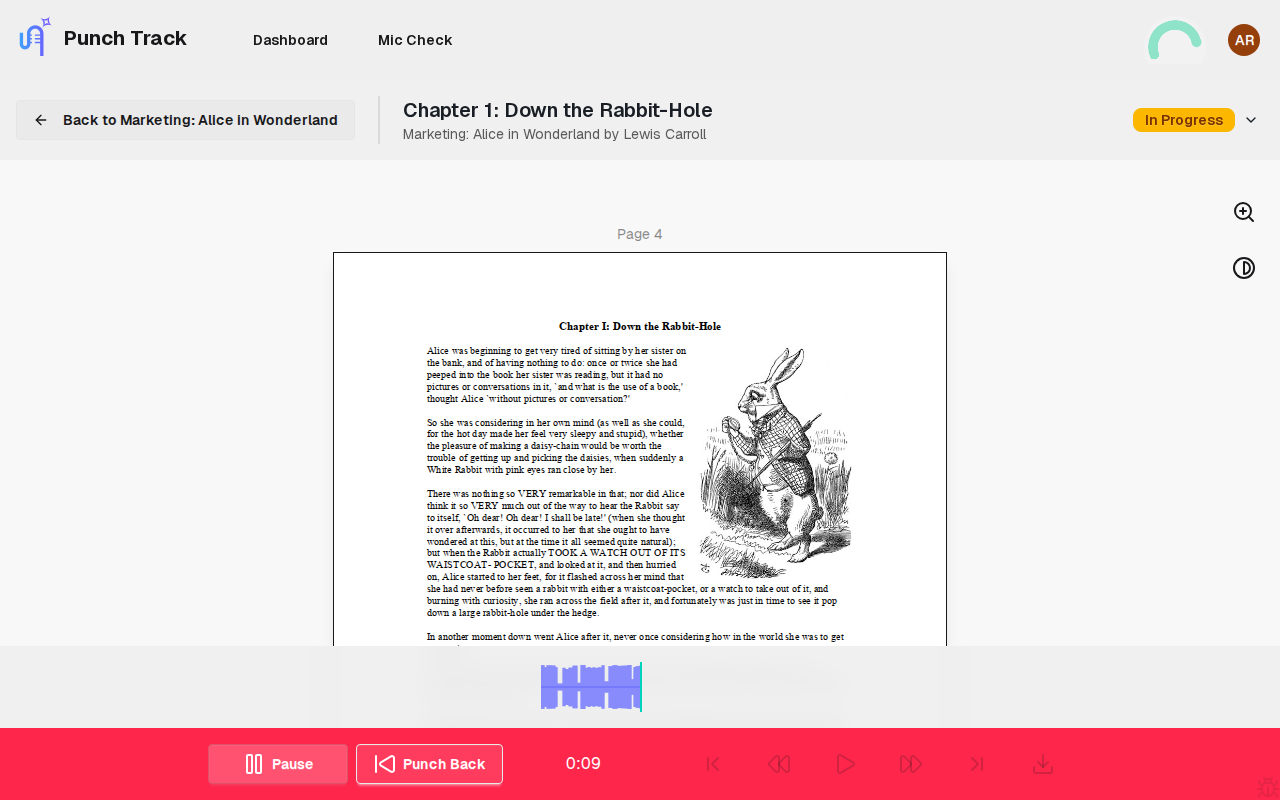 Punch Track recorder with waveform visualization and script viewer